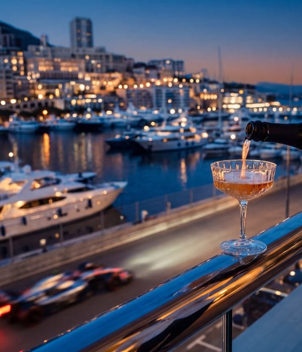 Champagne poured on a balcony above Monaco's yacht-filled harbour at dusk during the Grand Prix