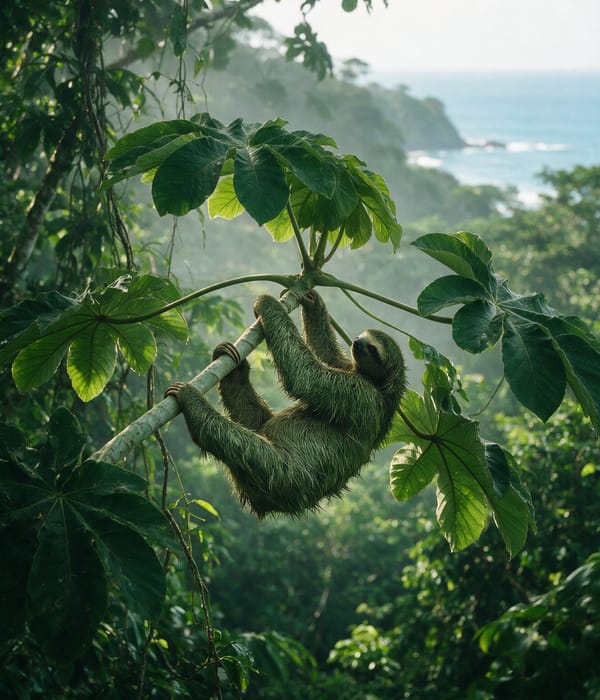 A three-toed sloth gripping a cecropia branch in the rainforest canopy above Manuel Antonio, Costa Rica