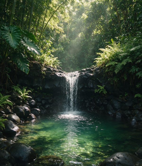 A slender waterfall dropping over black basalt into a green plunge pool on Maui's Road to Hana