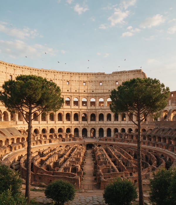 Tiers of travertine arches and the exposed arena passages of the Colosseum in Rome at golden hour