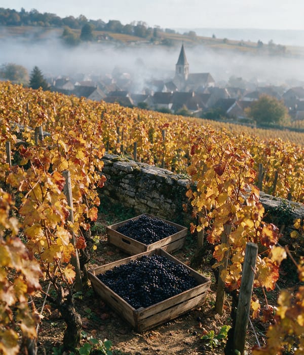 Crates of just-picked Pinot Noir among gold autumn vine rows above Gevrey-Chambertin in Burgundy
