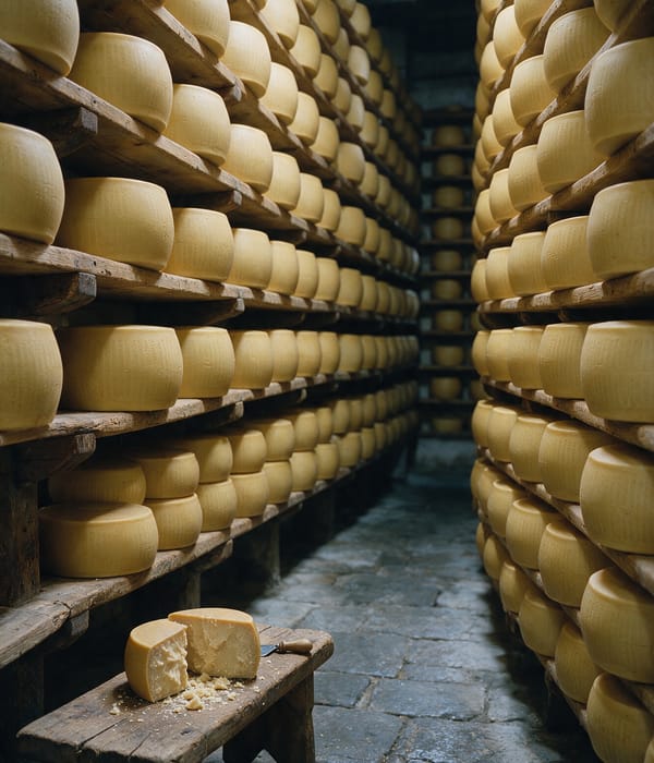 Wooden shelves of golden Parmigiano-Reggiano wheels stacked floor to ceiling in a Parma ageing room