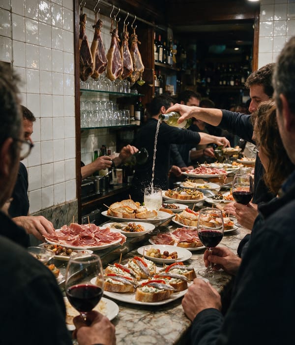A marble counter crowded with skewered pintxos and hanging hams in a San Sebastián bar at dusk