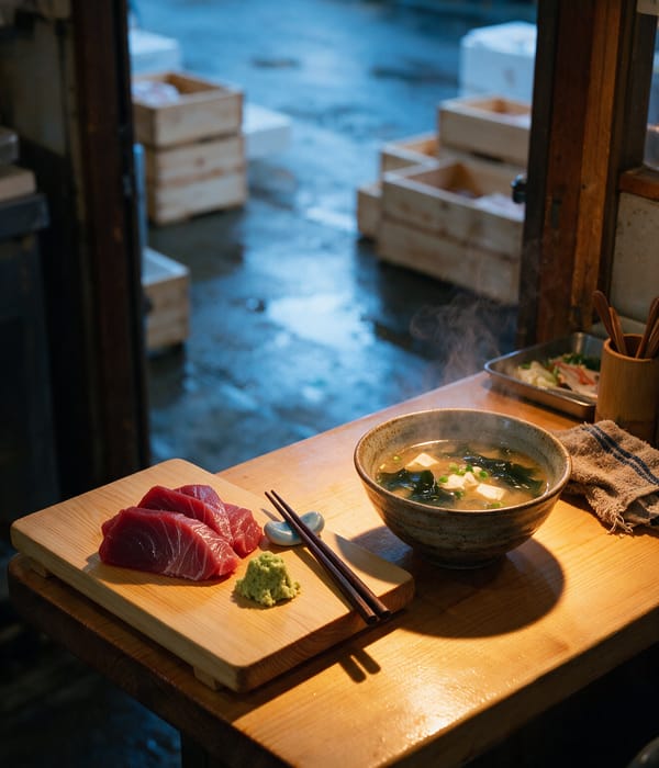 A plate of deep red tuna sashimi on a hinoki board at a Tsukiji standing counter at dawn