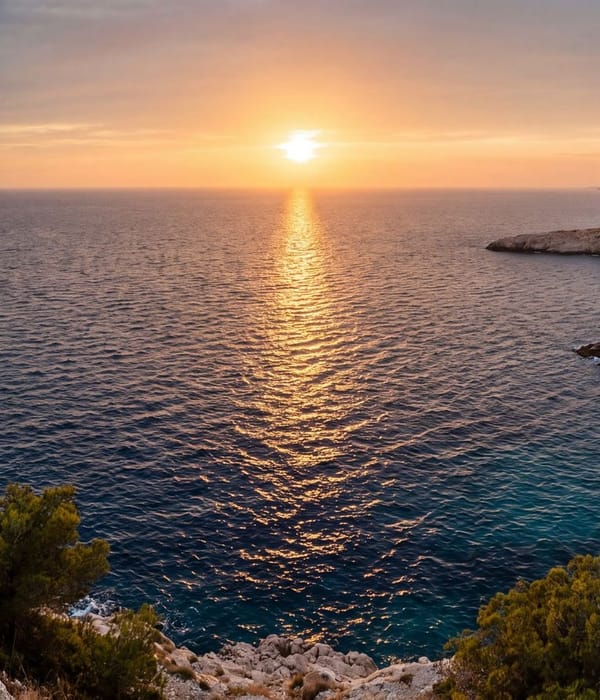 Sun low over a rocky Mediterranean coastline in early autumn