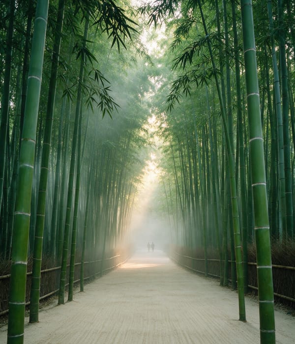 A swept gravel path between dense green bamboo culms in Kyoto's Arashiyama grove at dawn