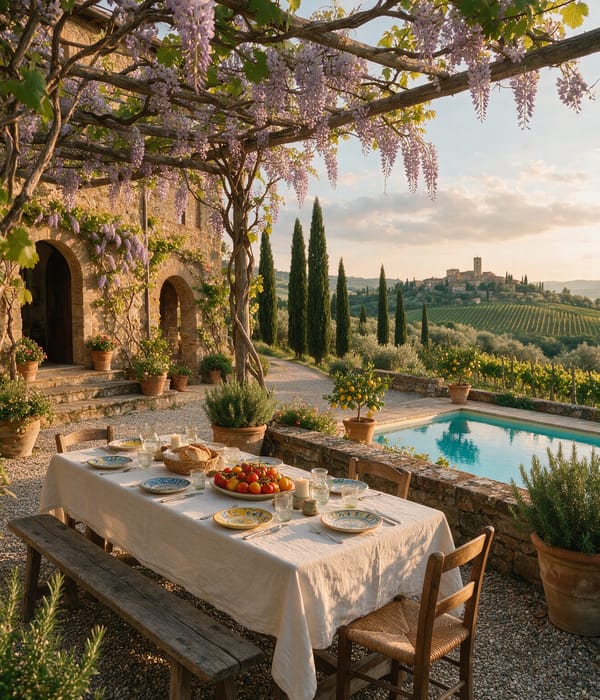 A long table under a wisteria pergola at a Chianti stone villa above vines and cypress