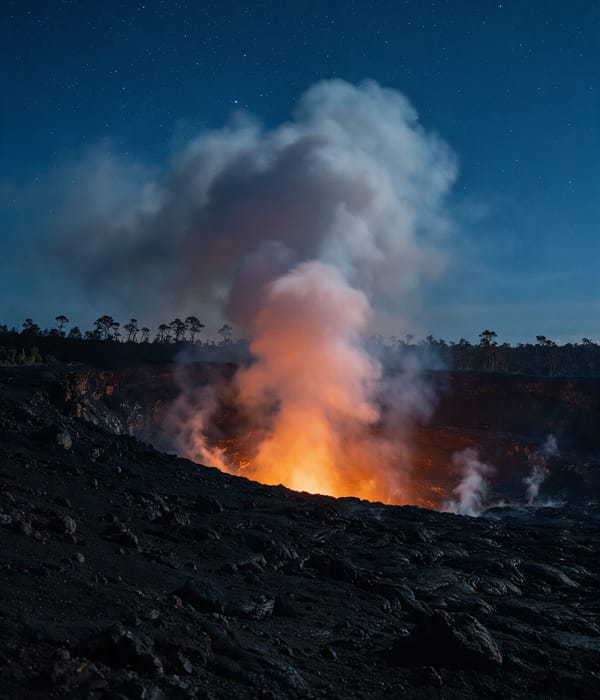 Orange glow rising from the Kilauea caldera lighting a steam plume above black lava after dark