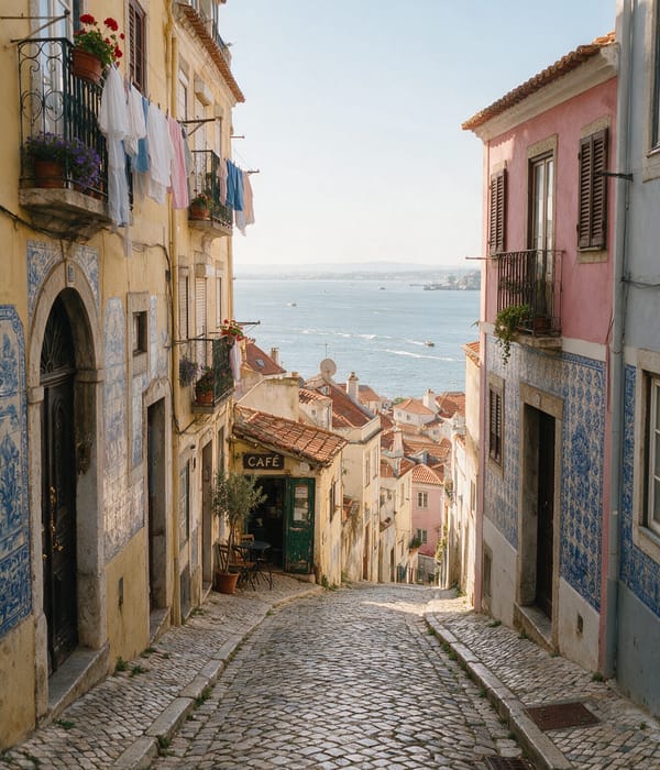 Azulejo-tiled houses and laundry balconies on a steep Alfama lane above the Tagus in Lisbon