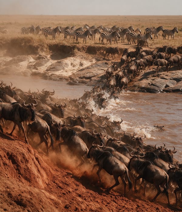 A column of wildebeest plunging down a red-earth bank into the Mara River during the crossing