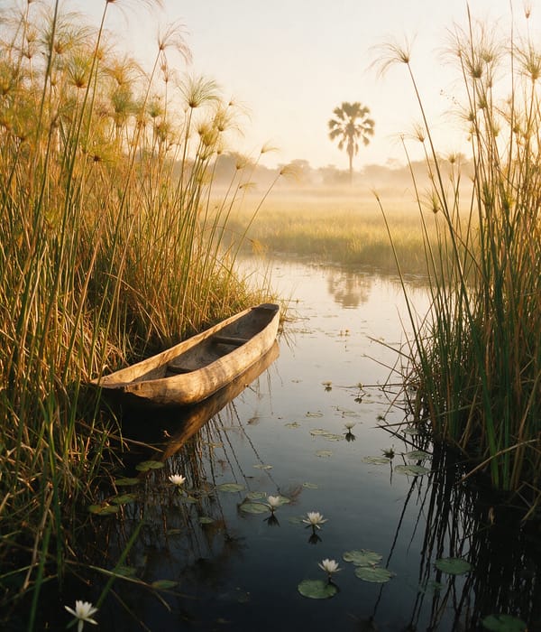 A wooden mokoro among papyrus and water lilies on a still Okavango Delta channel at dawn