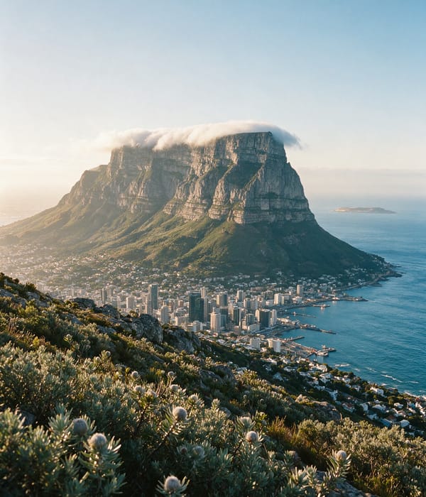 Cloud spilling over Table Mountain's flat summit above the Cape Town city bowl and Atlantic