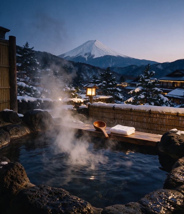 Steam lifting from a stone rotenburo bath in snowy Hakone with Mount Fuji beyond the valley