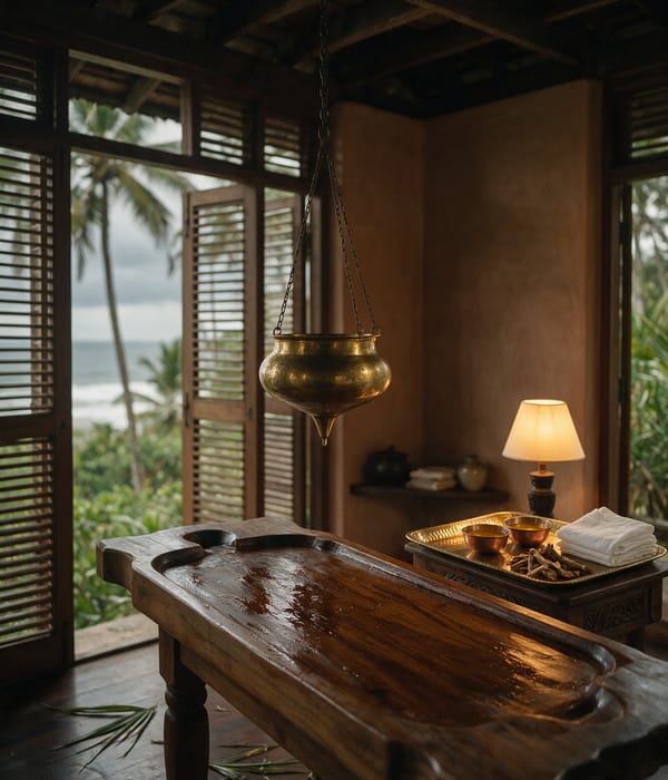 A brass shirodhara vessel above an oiled wooden treatment table in a southern Sri Lanka Ayurveda room