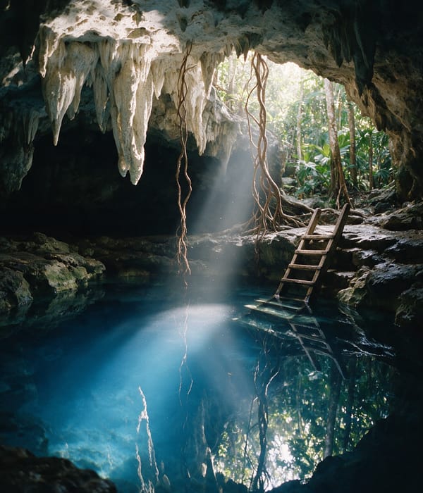 A shaft of light dropping through limestone into the clear water of a jungle cenote near Tulum