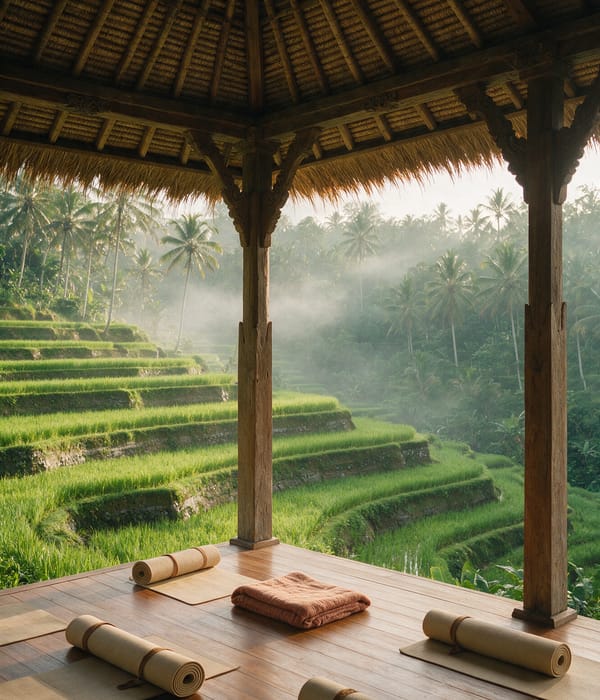 Rolled mats on the teak floor of an open-air Ubud yoga pavilion above misty rice terraces