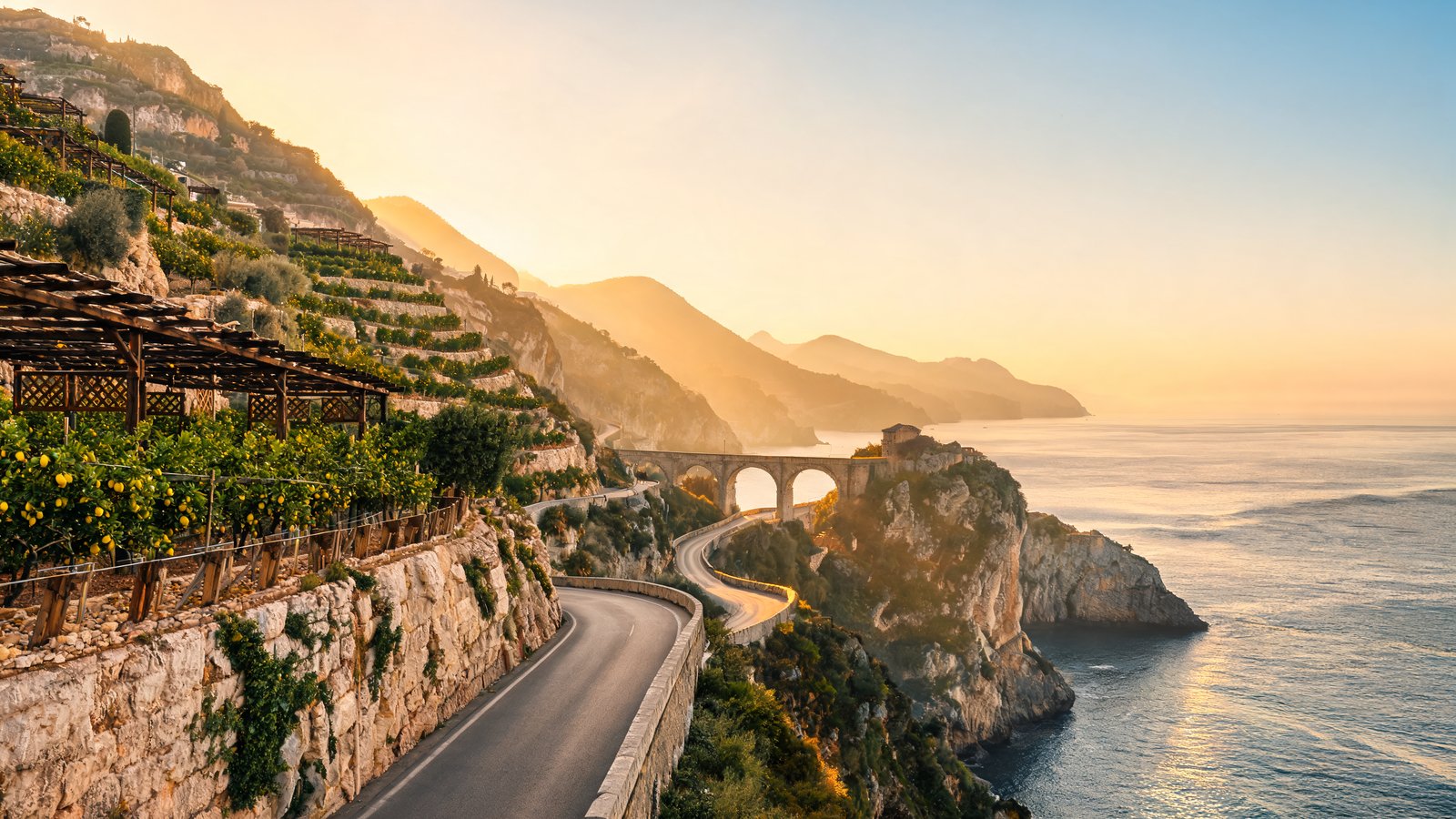 The Amalfi coast road at sunset, lemon terraces above the sea