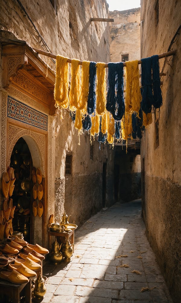 Dyed wool skeins drying above a narrow sunlit lane in the Fez medina