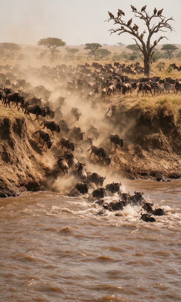 Wildebeest plunging off a cut bank into the churning brown Mara River