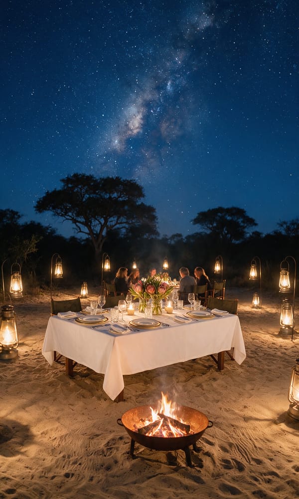 A lantern-lit dinner table on swept sand under the Milky Way in the Sabi Sands