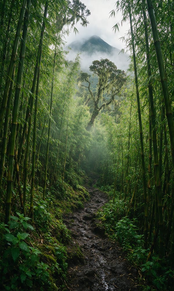 A misty trail climbing through dense green bamboo on the slopes of Rwanda's Volcanoes National Park