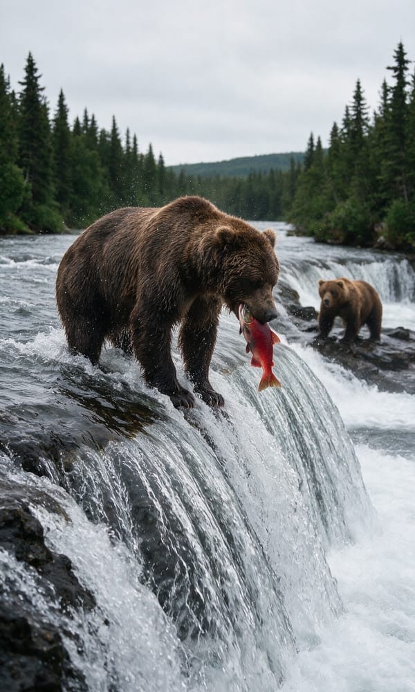 A brown bear catching a sockeye salmon in the whitewater at Brooks Falls