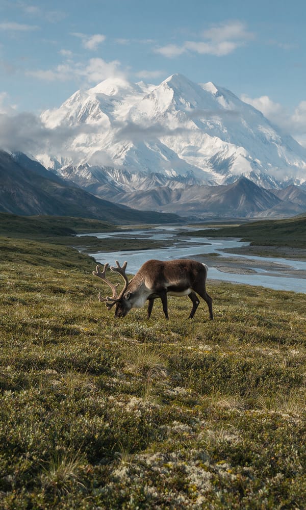 Tundra and a braided river below Denali's snow-covered summit, a lone caribou grazing