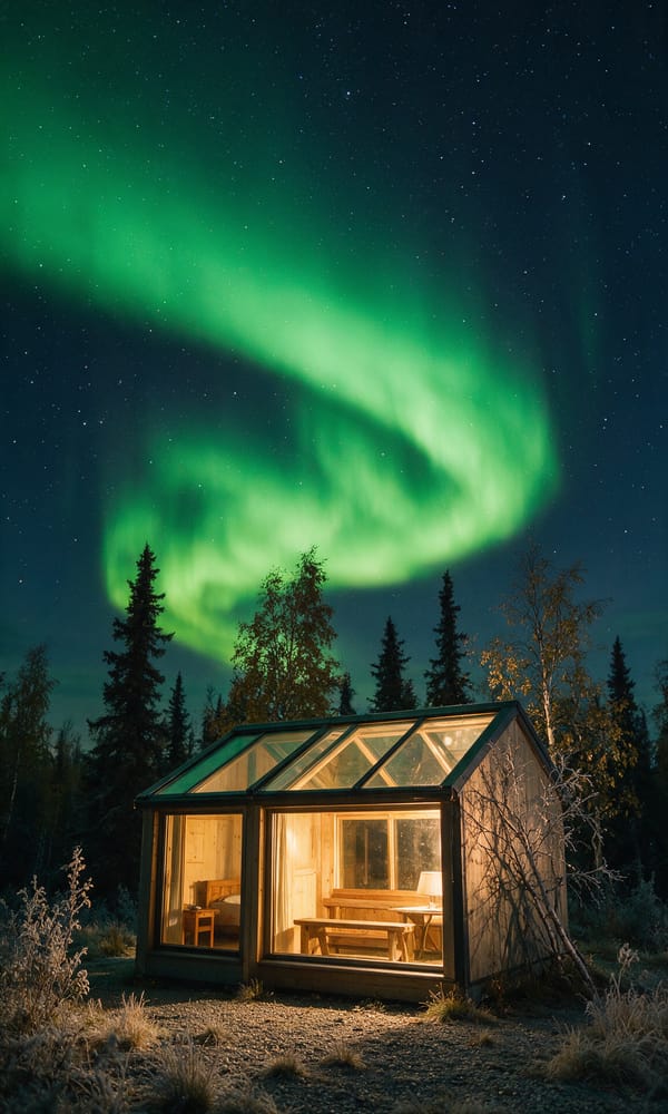 Green aurora twisting above a lamplit glass-roofed cabin and black spruce near Fairbanks