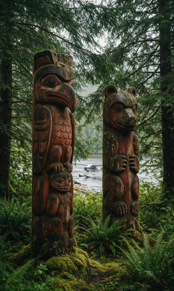 Weathered Tlingit cedar totem poles in mossy rainforest at Ketchikan, a floatplane moored behind