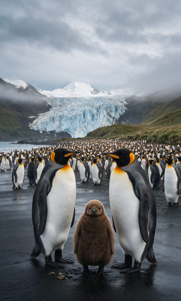 King penguins and a brown chick on black sand at St Andrews Bay, thousands more behind