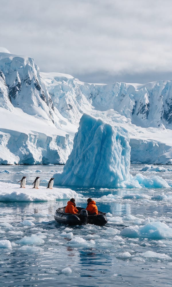 A small zodiac threading brash ice beneath a fluted blue iceberg in Antarctica's Lemaire Channel