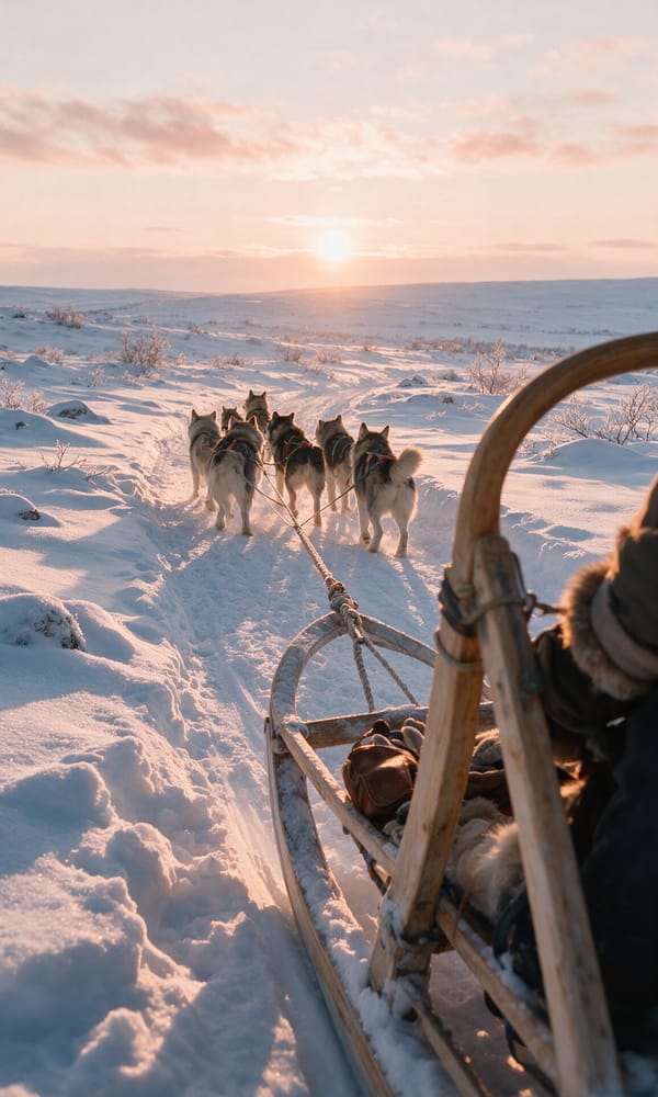 A husky team pulling a wooden sled along a snow trail on the Finnmark plateau above Alta