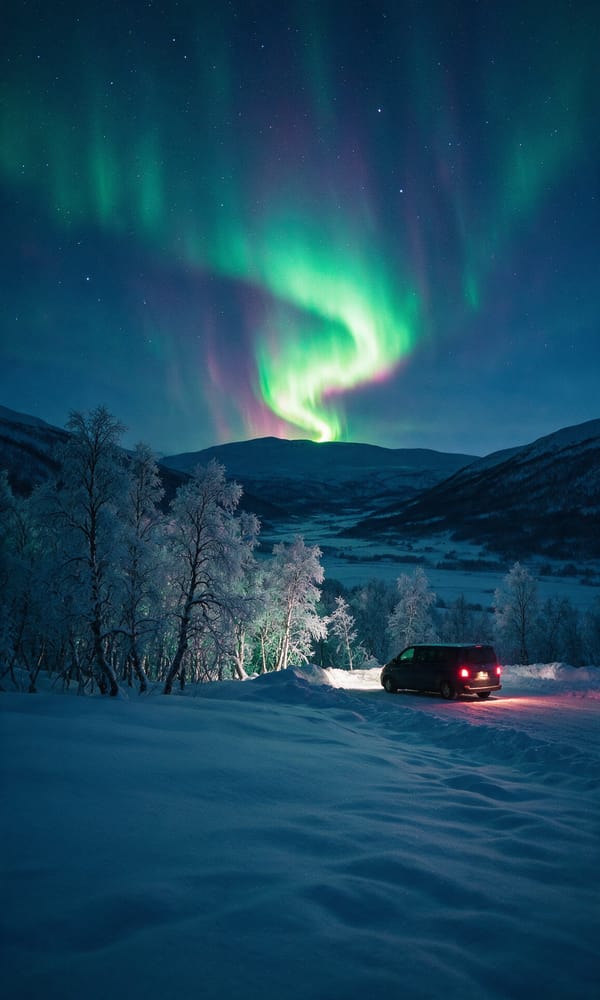 A green aurora twisting over snow-covered birch and a parked minibus in the Skibotn valley