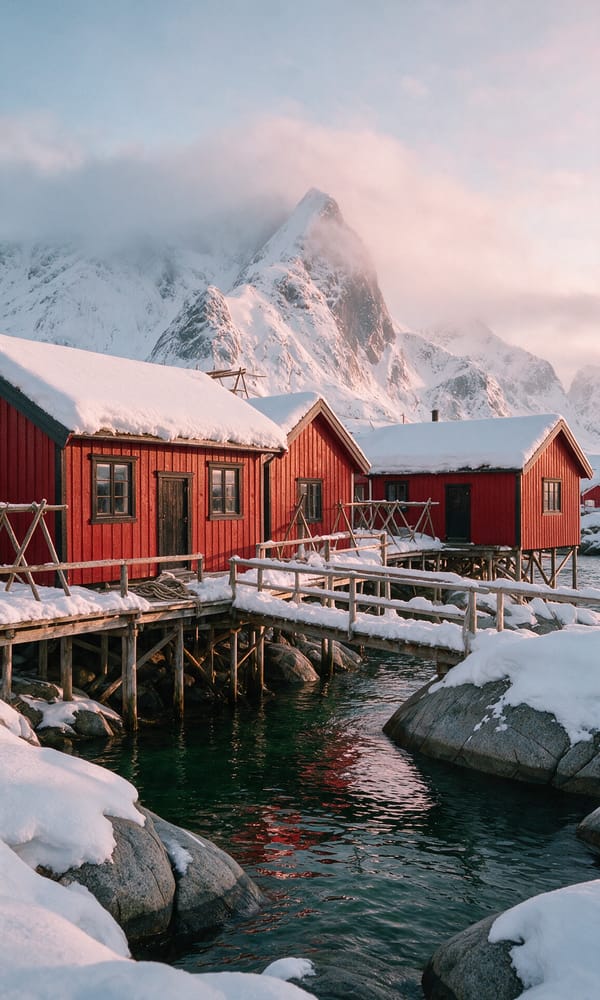 Red fishermen's cabins on stilts at Hamnoy below a snow-plastered Lofoten peak in winter light