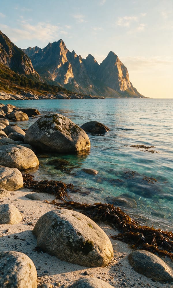 Granite boulders and turquoise shallows on an empty Senja beach under the midnight sun