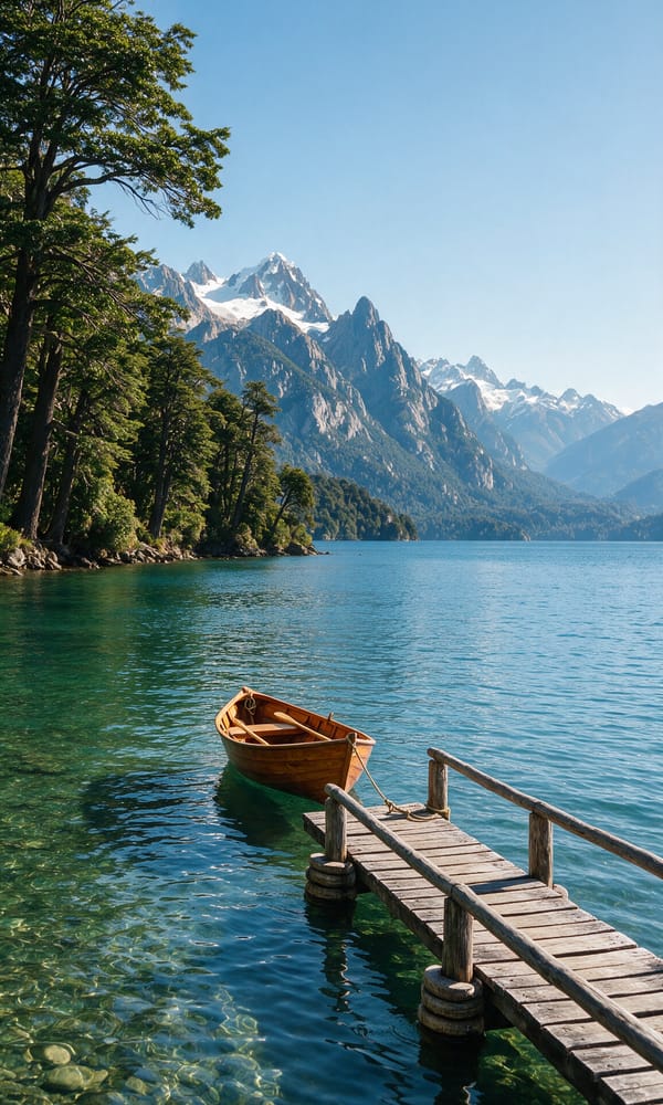 A wooden jetty and rowboat on Lago Nahuel Huapi below beech forest and Andean peaks