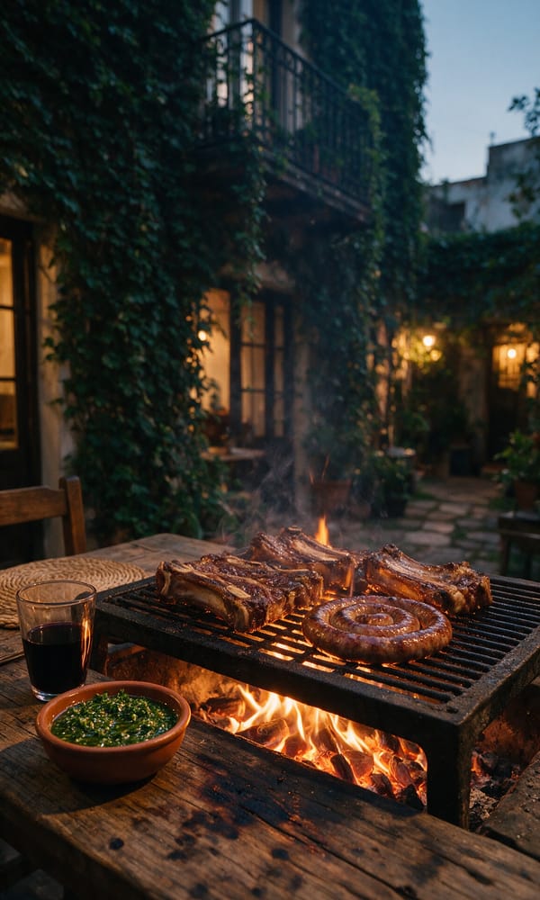 Beef and chorizo over quebracho embers on a cast-iron parrilla beside a glass of Malbec