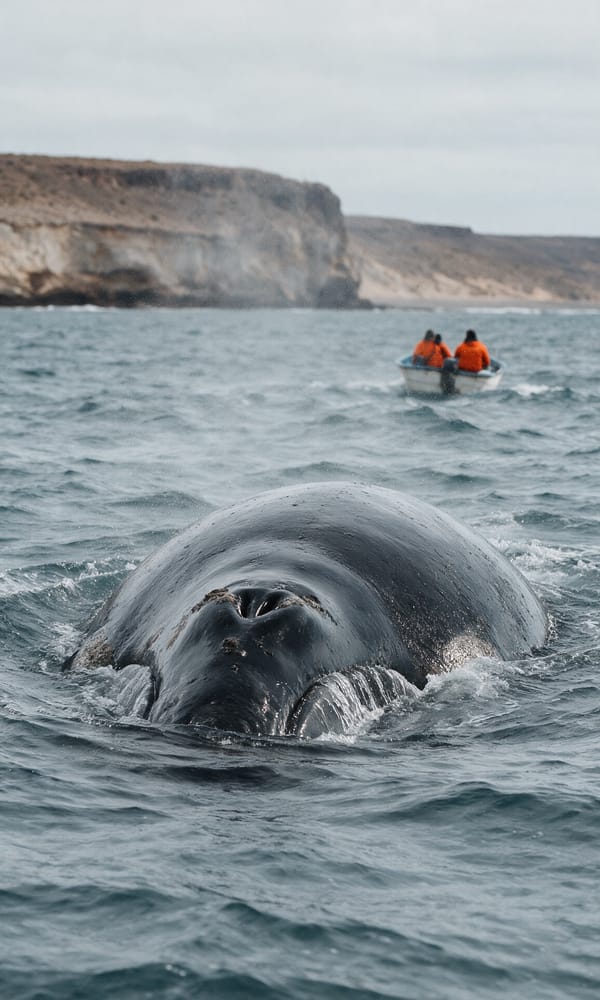 A southern right whale surfacing beside a small boat off Península Valdés in Patagonia