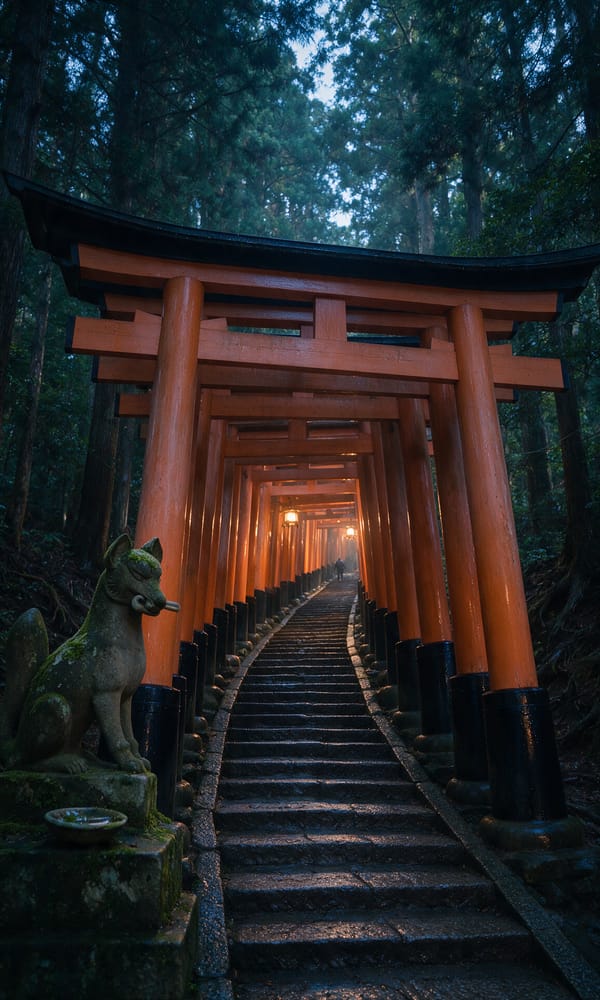A tunnel of vermilion torii gates climbing a stone stairway at Fushimi Inari before dawn