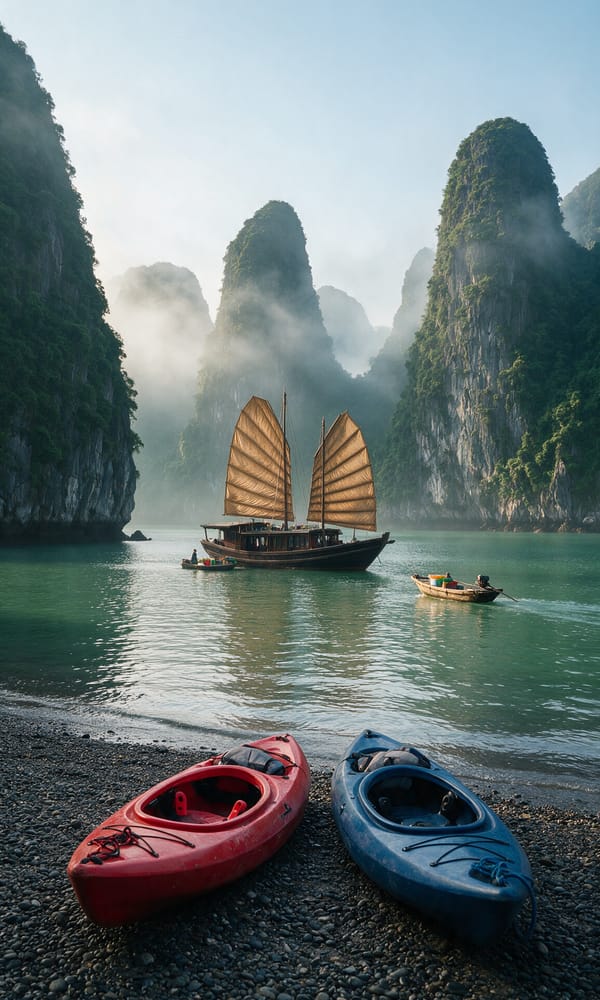 A wooden junk and two kayaks below misty limestone karsts on Ha Long Bay at sunrise