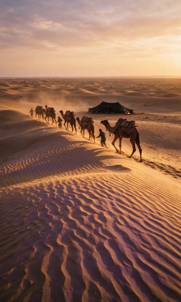 A camel caravan crossing a dune ridge toward a desert camp outside Jaisalmer at dusk