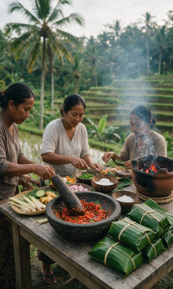 A stone mortar of spice paste and banana-leaf packets on a table above Ubud rice terraces
