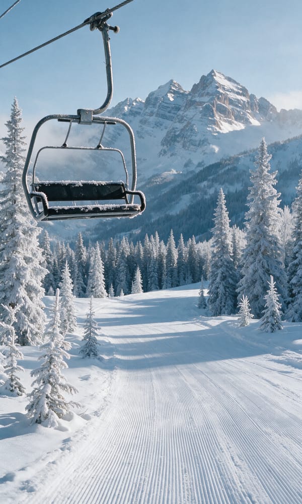 An empty frost-covered chairlift above freshly groomed runs and rime-caked spruce on a cold morning