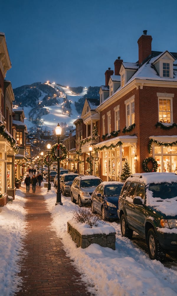 Snow-banked Aspen street at dusk under holiday lights with the floodlit ski mountain above