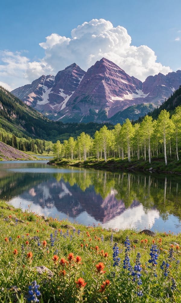 Wildflowers and a still alpine lake mirroring the Maroon Bells with storm clouds building behind