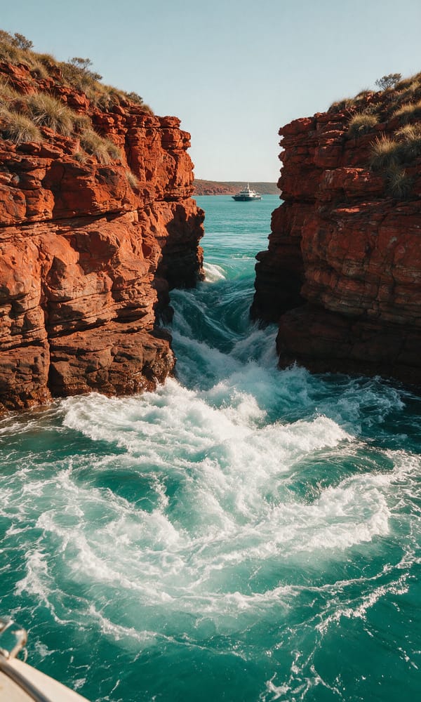 Tidal water forcing through the red sandstone gap at Horizontal Falls, seen from a small tender