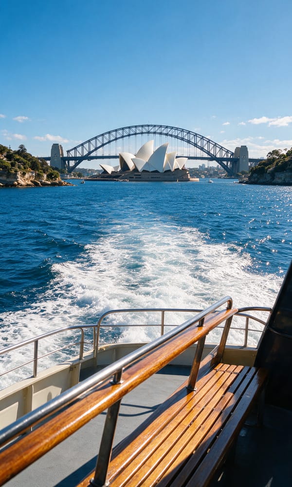 The timber rail of a Sydney harbour ferry with the Opera House and Harbour Bridge beyond