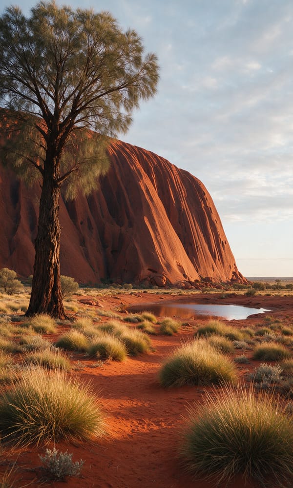 A red sand track through spinifex at the base of Uluru's ribbed sandstone flank at first light