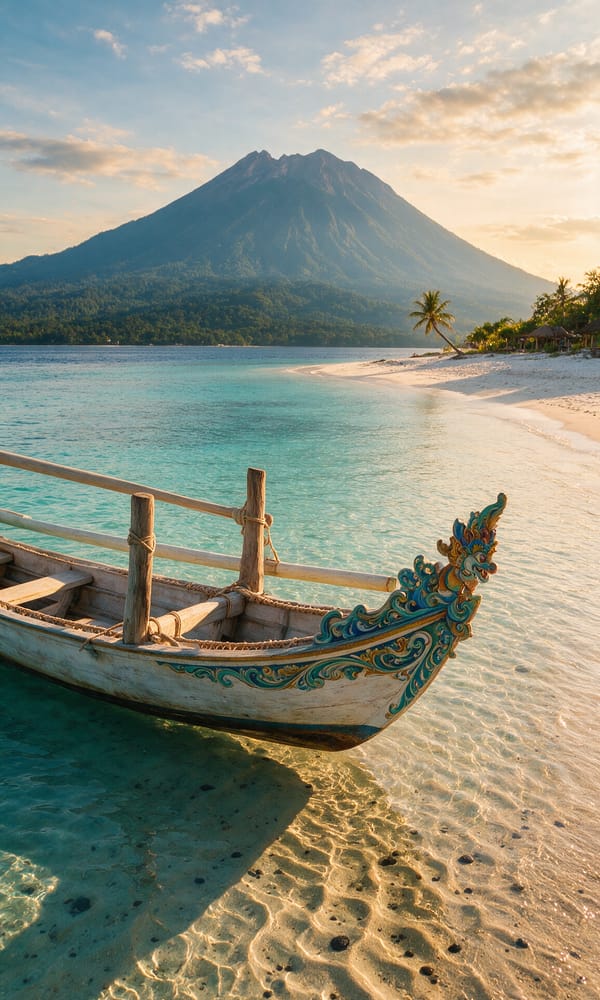 A wooden outrigger moored in turquoise shallows off Gili Air with Mount Rinjani rising beyond