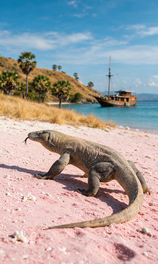 A Komodo dragon crossing pink coral sand with dry savanna hills and a liveaboard anchored beyond